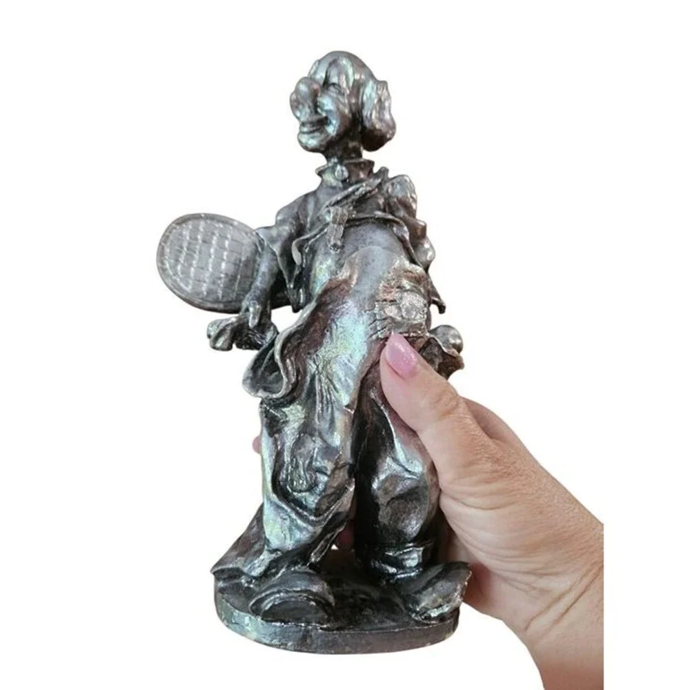 Vintage Clown Figurine with Tennis Racket  Plaster Statue, Collectible Décor